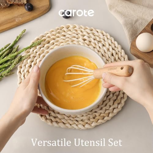 CAROTE 10-Piece Kitchen Utensils Set with Wood Cool-Touch Handles, Cream - Image 5