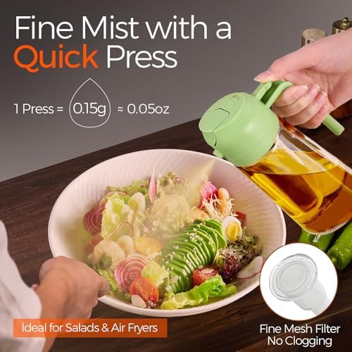 YARRAMATE 16oz/470ml Glass Olive Oil Sprayer for Cooking with Stickers, 2 in 1 Oil Dispenser for Kitchen Gadgets, Food Grade Premium Spray Bottle with Portion Control for Salad, Frying, BBQ (Green) - Image 3