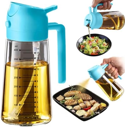 TrendPlain 16oz/470ml Glass Olive Oil Sprayer for Cooking – 2 in 1 Olive Oil Dispenser Bottle for Kitchen Gadgets and Air Fryer Accessories, Salad, BBQ - Sky Blue by TrendPlain