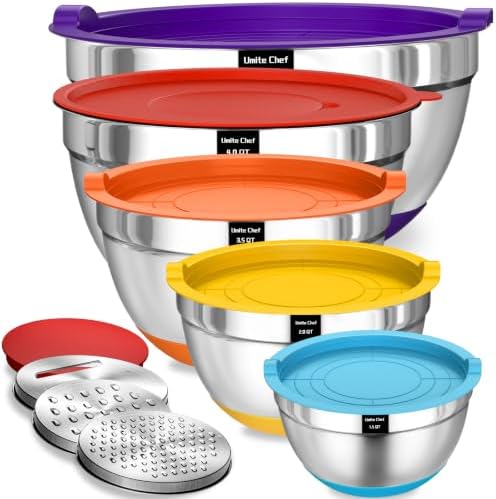 Umite Chef Mixing Bowls with Airtight Lids Set, 8PCS Stainless Steel Nesting Bowls Set, 3 Grater Attachments & Non-Slip Bottoms, Size 5, 4, 3.5, 2, 1.5QT for Baking & Mixing(Colorful) by UmiteChef