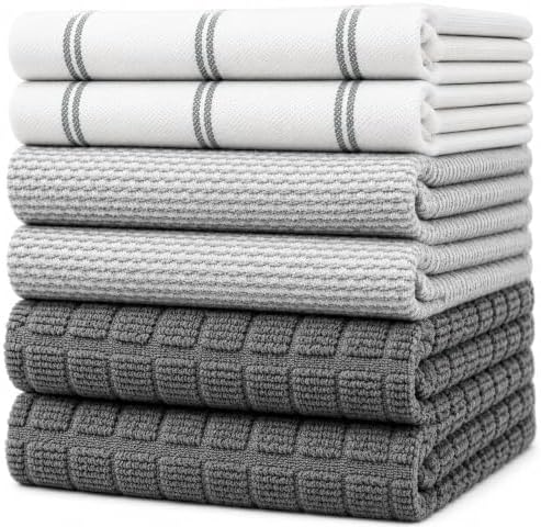 Premium Kitchen Towels 6 Pack 100% Cotton, 20"x28" Dish Towels - Grey Check by BumbleTowels