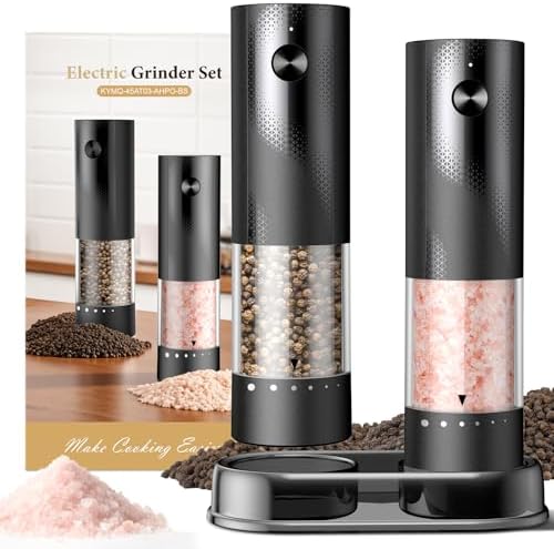 Electric Salt and Pepper Grinder Set - Rechargeable Automatic Salt and Pepper Shakers, Kitchen Appliances with External Adjustable Coarseness, Larger Hopper for Cooking, Home Gifts(2 Pack,Black/Black) by Unknown