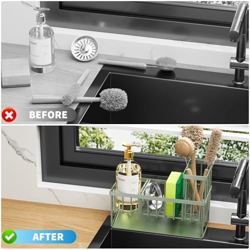 Cisily Kitchen Sink Caddy, Sponge Holder for Kitchen Sink, Kitchen Sink Organzier and Storage with High Brush Holder, 304 Stainless Gadgets Sink Accessories, Organizadores de Cocina Sage Green - Image 6