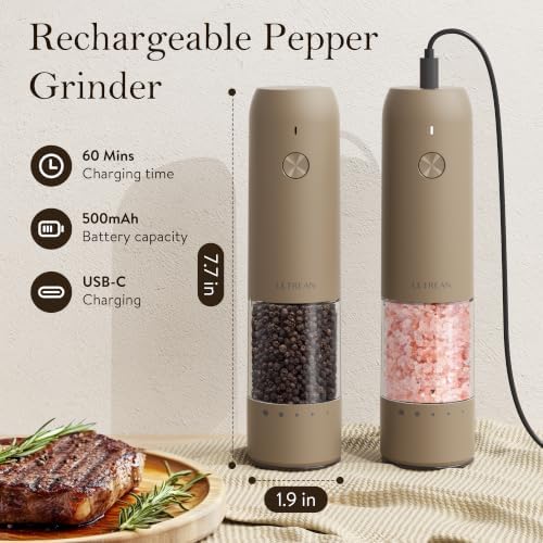 Ultrean Electric Salt and Pepper Grinder Set, Rechargeable,Brown - Image 4