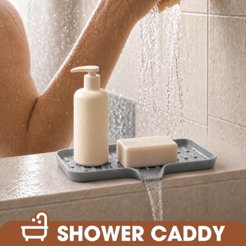 CAKETIME 2 Pack Silicone Soap Dish with Drain Spout for Bathroom Shower Caddy Kitchen Counter Bar Sponge Holder Drying Rack Sink Organizer Apartment Home Household Necessities Light Gray Medium - Image 2