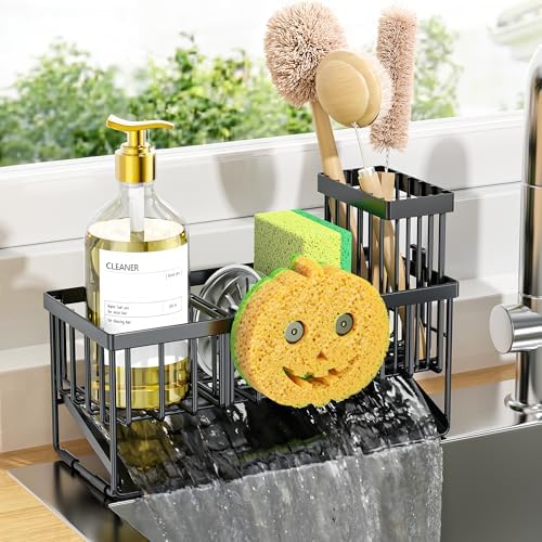 Cisily Kitchen Sink Caddy Organzier with High Brush Holder, Sponge Holder for Sink, 304 Rustproof Stainless, Kitchen Countertop Soap Dispenser Organizer (Black With Smiley Face Holder, 9.25″) by CISILYHOMELIFE