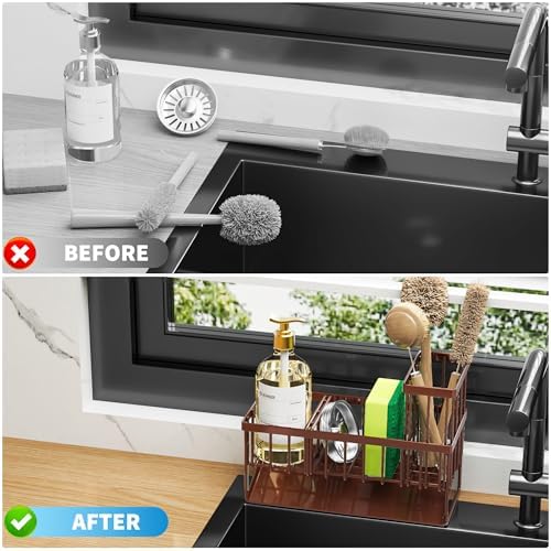 Cisily Kitchen Sink Caddy, Sponge Holder for Kitchen Sink, Kitchen Sink Organzier and Storage with High Brush Holder, Rustproof 304 Stainless Gadgets Sink Accessories(Brown) - Image 6
