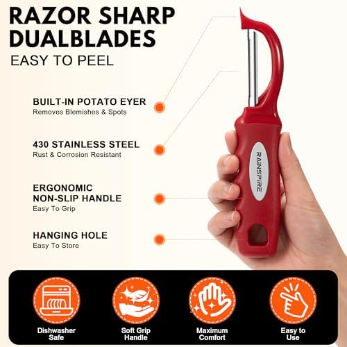 Rainspire Vegetable Peeler Potato Peelers for Kitchen, Sharp Stainless Steel Blades Veggie, Comfortable Handle Fruit Peeler, Carrot Peeler Apple Peeler Dishwasher Safe (1, Red) - Image 6