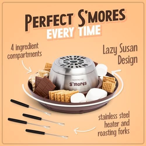 Nostalgia Tabletop Indoor Electric S'mores Maker - Smores Kit With Marshmallow Roasting Sticks and 4 Tray Lazy Susan for Graham Crackers, Chocolate, and Marshmallows - Movie Night Supplies - Brown - Image 5