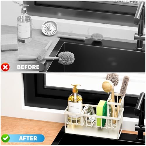 Cisily Off White Sponge Holder for Kitchen Sink, Sink Caddy Organizer with High Brush Holder, Kitchen Countertop Rustproof 304 Stainless Steel, Soap Dispenser Kitchen Organizers and Storage Essentials - Image 6