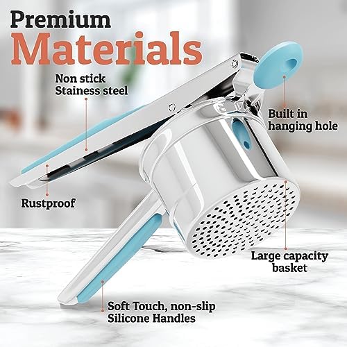 PriorityChef Large 15oz Potato Ricer, Heavy Duty Stainless Steel Potato Masher and Ricer Kitchen Tool, Press and Mash Kitchen Gadget For Perfect Mashed Potatoes - Everytime, Silver and Turquoise - Image 3