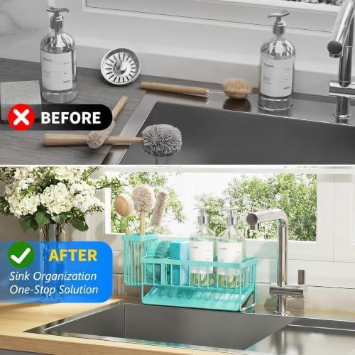 Cisily Kitchen Sink Caddy Organzier with High Brush Holder, Sponge Holder for Sink, 304 Rustproof Stainless, Kitchen Countertop Soap Dispenser Organizer (Turquoise, 9.25″) - Image 6