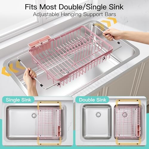 JASIWAY Pink Dish Drying Rack Over the Sink with Utensil Holder - Image 3