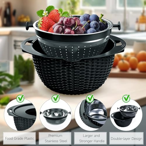 4-1 Colander with Bowl Set - Pasta Strainer - Colander for Kitchen - Strainers and Colanders Rice Strainer Fruit Cleaner Veggie Wash Sink Strainer Kitchen Essentials - Black - Image 6