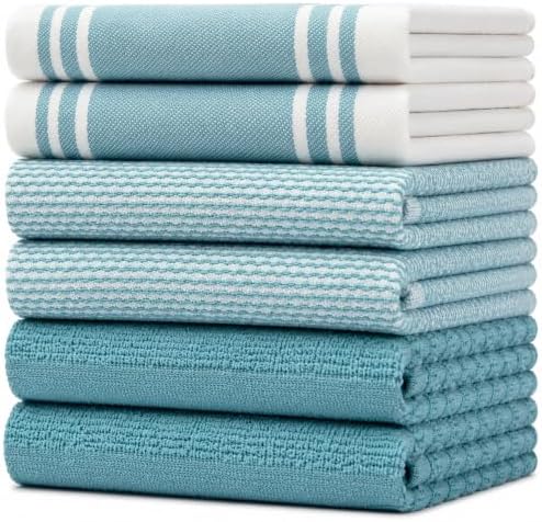 Premium Kitchen Towels 6 Pack 100% Cotton 20"x28" Dish Towels - Aqua Wide by BumbleTowels