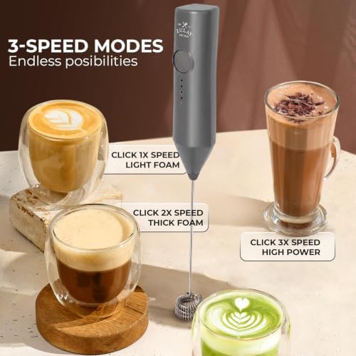 Zulay Kitchen Rechargeable Milk Frother Handheld - Frother Wand, Drink Mixer, Electric Whisk Frother, for Cappuccinos, Matcha & Protein Powder - Dynamic Triple Whisk, 3 Speed 500mAh Charcoal Gray - Image 5