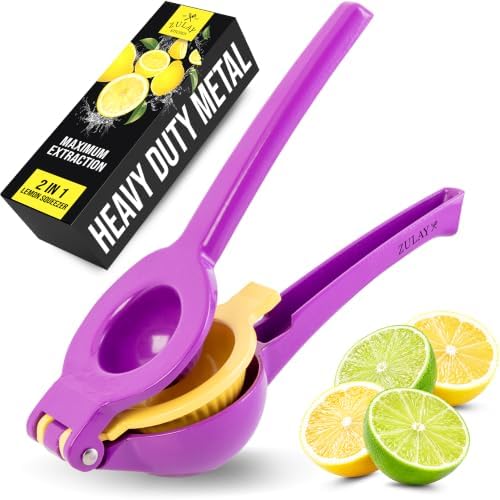 Zulay Kitchen Metal 2-in-1 Lemon Squeezer - Sturdy Max Extraction Hand Juicer Lemon Squeezer Gets Every Last Drop - Easy to Clean Manual Citrus Juicer - Easy-Use Lemon Juicer Squeezer - Purple/Yellow by ZulayKitchen