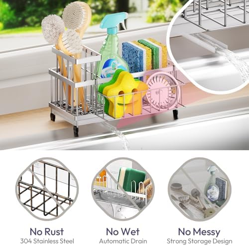SWTYMIKI Sink Caddy Sponge Holder - Large Sponge Holder for Kitchen Sink with 360°Auto-Drain Tray, Rustproof Stainless Steel Kitchen Organizer Caddy for Countertop Organization - Image 3