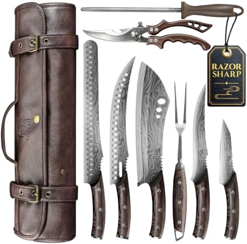 SYOKAMI 9-Piece Butcher Knife Set for Meat Processing with Leather Roll by SYOKAMI