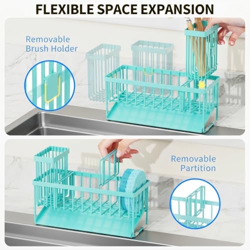 Cisily Kitchen Sink Caddy Organzier with High Brush Holder, Sponge Holder for Sink, 304 Rustproof Stainless, Kitchen Countertop Soap Dispenser Organizer (Turquoise, 9.25″) - Image 3