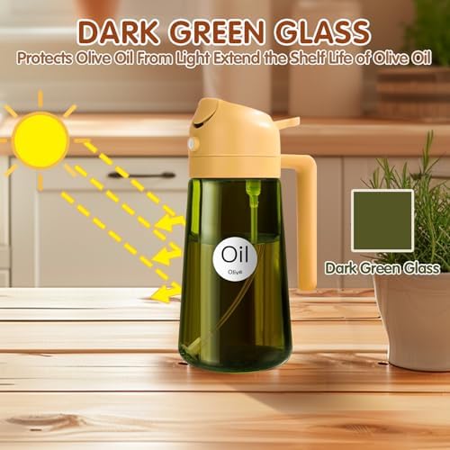 YARRAMATE 16oz/470ml Light-Blocking Dark Oil Sprayer for Cooking, 2 in 1 Olive Oil Dispenser Bottle for Kitchen, Premium Dark Green Glass Oil Bottle, Food-Grade Oil Mister for Air Fryer, BBQ (Orange) - Image 2