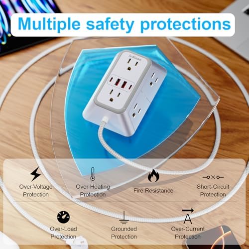 Power Strip Extension Cord - 6 Outlets and 4 USB (2 USB C), 5FT Braided Cord with Ultra Thin Flat Plug, 3 Side Outlet Extender with Overload Protection, Travel, Cruise Ship, Dorm Room Essentials-ETL - Image 6