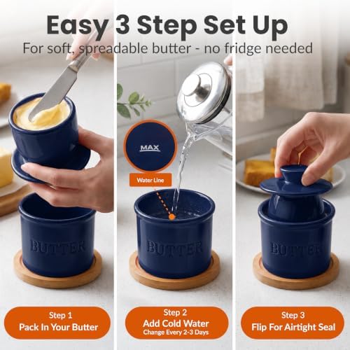 Priority Chef Butter Crock with Lid for Countertop with Spreader Knife and Water Line, Soft Spreadable Butter, Ceramic French Butter Dish with Lid, Dark Navy - Image 3