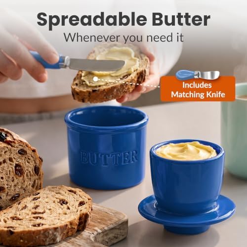 Priority Chef Butter Crock with Lid for Countertop with Spreader Knife and Water Line, Soft Spreadable Butter, Ceramic French Butter Dish with Lid, Lapis Blue - Image 2