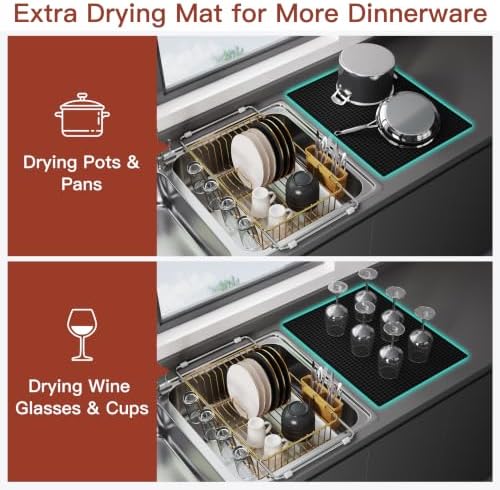 JASIWAY Gold Dish Drying Rack in Sink with Mat, Cups and Utensil Holder - Image 3