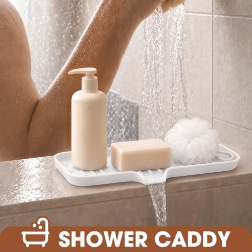 CAKETIME 2 Pack Silicone Soap Dish with Drain Spout for Bathroom Shower Caddy Kitchen Counter Sponge Holder Saver Tray Sink Drying Accessories Office Generic Items Jabonera Women Gifts White Large - Image 3