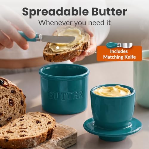 Priority Chef Butter Crock with Lid for Countertop with Spreader Knife and Water Line, Soft Spreadable Butter, Ceramic French Butter Dish with Lid, Teal Blue - Image 2