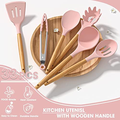 Umite Chef Silicone Kitchen Utensils Set, 33 Piece Non-Stick Kitchen Utensils with Stand, Wooden Handle, Pink - Image 6