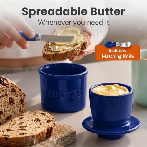Priority Chef Butter Crock with Lid for Countertop with Spreader Knife and Water Line, Soft Spreadable Butter, Ceramic French Butter Dish with Lid, Dark Blue - Image 2