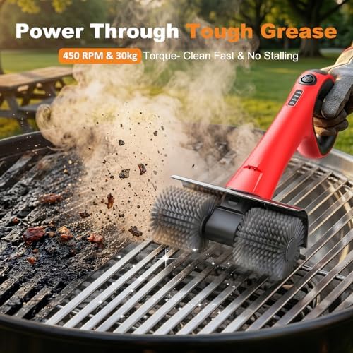 Electric Grill Brush for Outdoor Grill, Cordless BBQ Grill Cleaner with Dual Rotating Heads, 450 RPM Motorized Grill Cleaning Brush with Forward & Reverse, 6-Piece Replaceable Brush Set - Image 2