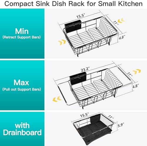 JASIWAY Black Dish Drying Rack in Sink with Drainboard and Utensil Holder - Image 6