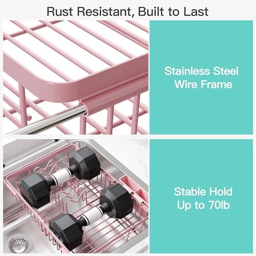 JASIWAY Pink Dish Drying Rack Over the Sink with Utensil Holder - Image 5
