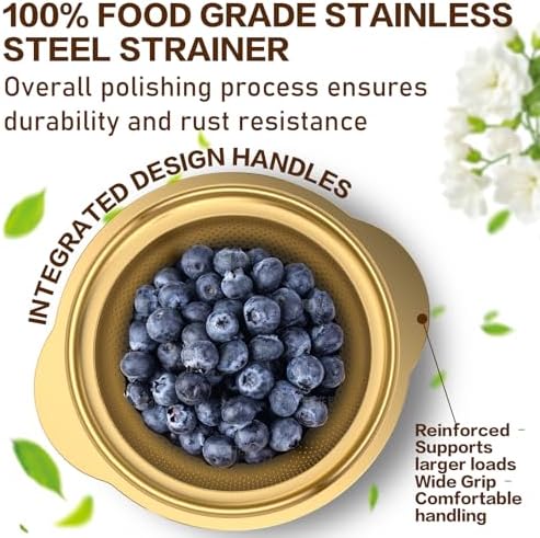 Stainless Steel Strainers for Kitchen, Stainless Steel Colander, Kitchen Strainer for Pasta Fruits Vegetables, 3 Pack Strainers and Colanders(5QT, 3QT, 2QT), Rust-Proof & Dishwasher Safe, Gold - Image 3