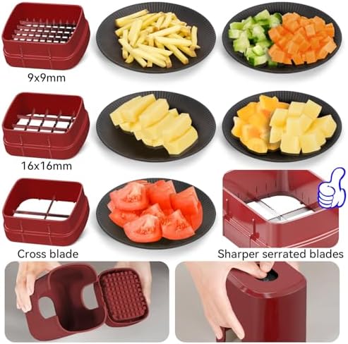 KEOUKE Multifunctional Vegetable Chopper Red - 3 Interchangeable Blades Potato French Fry Cutter with Container & Storage Box Food Chopper Dicer for Cucumber, Tomato, Carrot, Onion - Image 2
