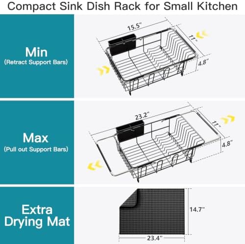 JASIWAY Black Dish Drying Rack in Sink with Mat, Cups and Utensil Holder - Image 6