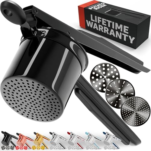 PriorityChef Large 15oz Potato Ricer With 3 Discs, Heavy Duty Stainless Steel Potato Ricer for Mashed Potatoes, Potato Masher, Press and Ricer Kitchen Tool, All Black by PriorityChef