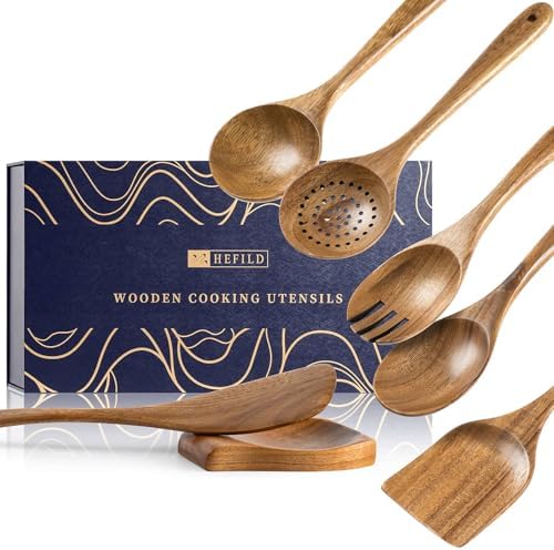 Wooden Spoons for Cooking, 7-Piece Acacia Wood Utensil Gift Set by HEFILD