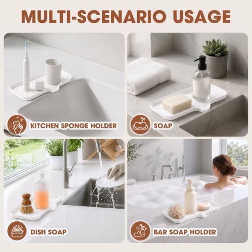 CAKETIME 2 Pack Silicone Soap Dish with Drain Spout for Bathroom Shower Caddy Kitchen Counter Sponge Holder Saver Tray Sink Drying Accessories Office Generic Items Jabonera Women Gifts White Medium - Image 6