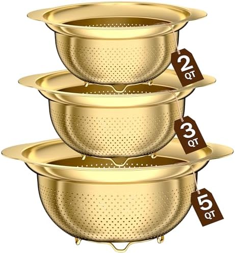 Stainless Steel Strainers for Kitchen, Stainless Steel Colander, Kitchen Strainer for Pasta Fruits Vegetables, 3 Pack Strainers and Colanders(5QT, 3QT, 2QT), Rust-Proof & Dishwasher Safe, Gold by STOCKPOT