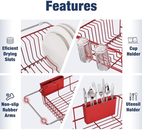 JASIWAY Red Dish Drying Rack in Sink with Drainboard and Utensil Holder - Image 7