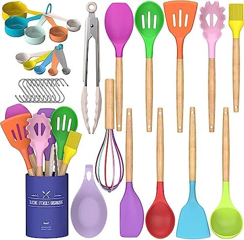 Umite Chef Kitchen Cooking Utensils Set, 33 pcs Non-stick Silicone Cooking Kitchen Utensils Spatula Set with Holder, Wooden Handle Silicone Kitchen Gadgets Utensil Set (Colorful) by UmiteChef