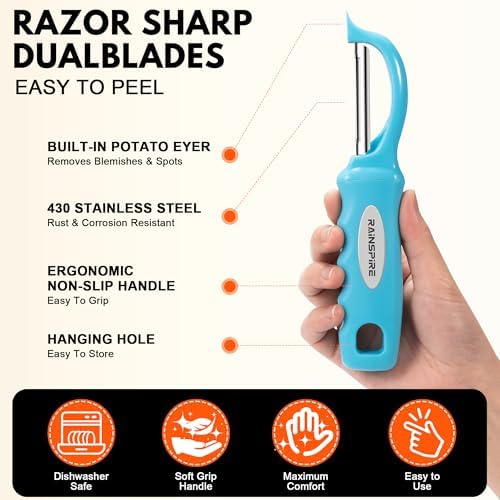 Rainspire Vegetable Peeler Potato Peelers for Kitchen, Sharp Stainless Steel Blades Veggie, Comfortable Handle Fruit Peeler, Carrot Peeler Apple Peeler Dishwasher Safe, Blue, 1-Pack - Image 6