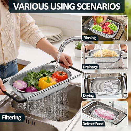 Over the Sink Colander - Strainers and Colanders - Sink Strainer Basket - Expandable Fine Mesh Strainer with Rubber Grip for Veggie, Fruits, Pasta, Home Kitchen Essentials (9.5W x 13.4-21.3L x 3.3H) - Image 2