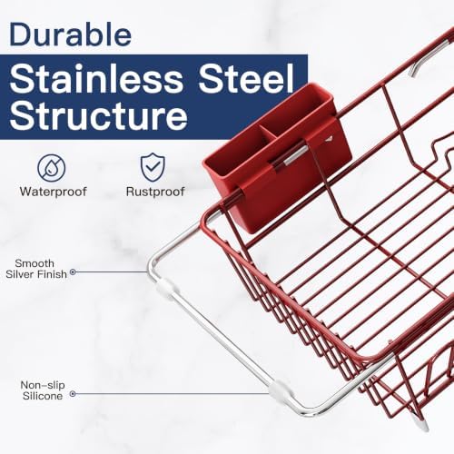 JASIWAY Red Dish Drying Rack in Sink, Dish Drainer with Utensil Holder - Image 5