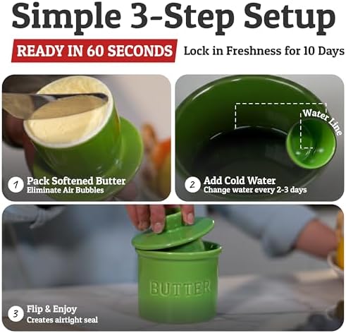 Priority Chef Butter Crock with Lid for Countertop with Spreader Knife and Water Line, Soft Spreadable Butter, Ceramic French Butter Dish with Lid, Green - Image 3