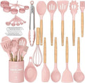 Umite Chef Silicone Kitchen Utensils Set, 33 Piece Non-Stick Kitchen Utensils with Stand, Wooden Handle, Pink by UmiteChef